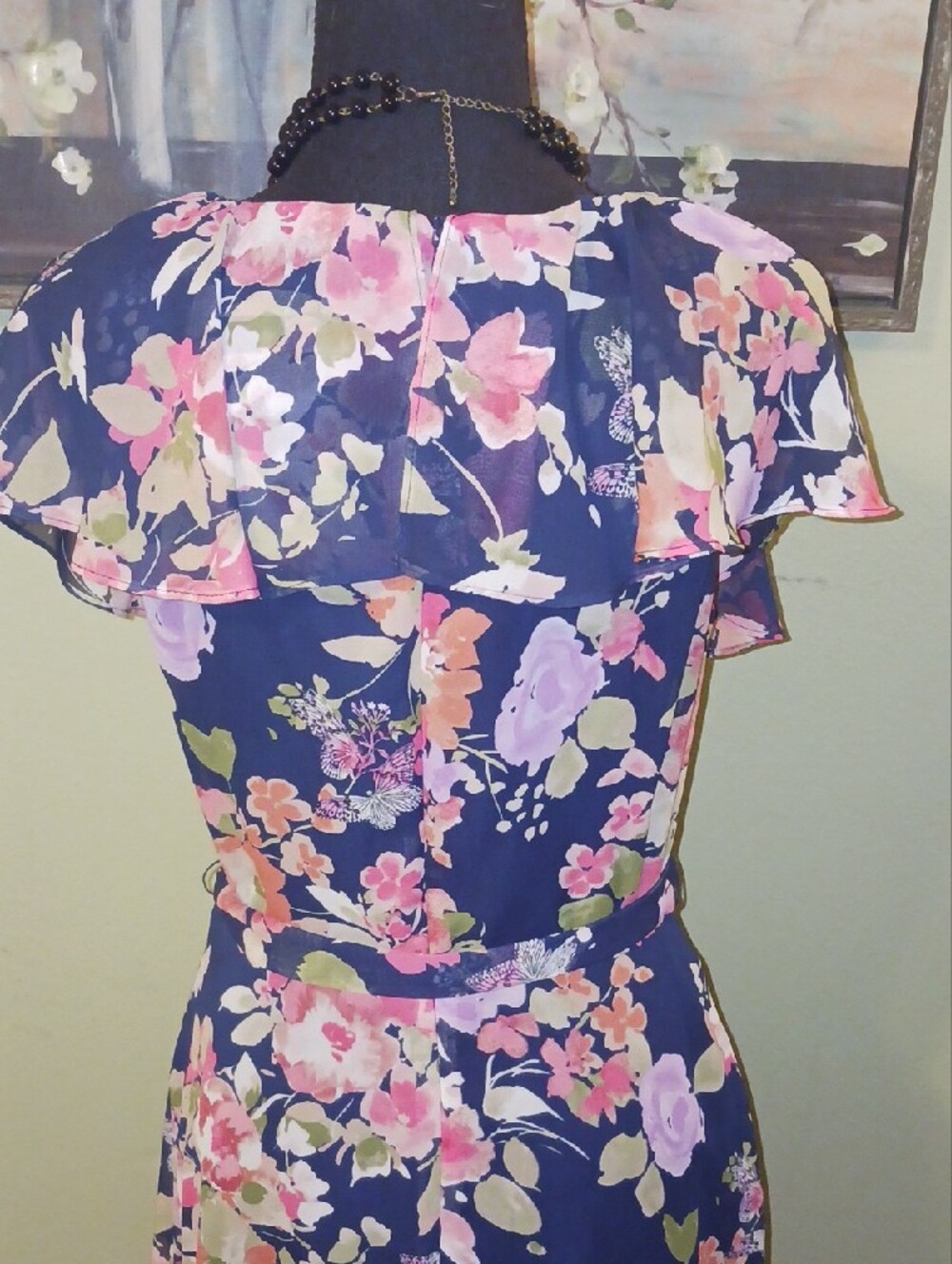 Elle Navy Floral V-Neck Flutter Sleeve Midi Dress - Picture 7 of 7